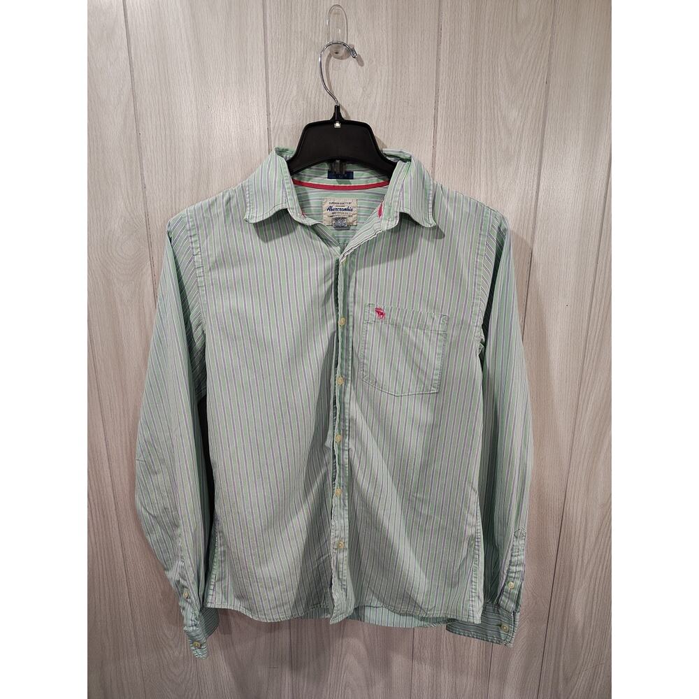 Abercrombie & Fitch Shirt Mens Medium Green Blue Striped Muscle Button Up Preppy